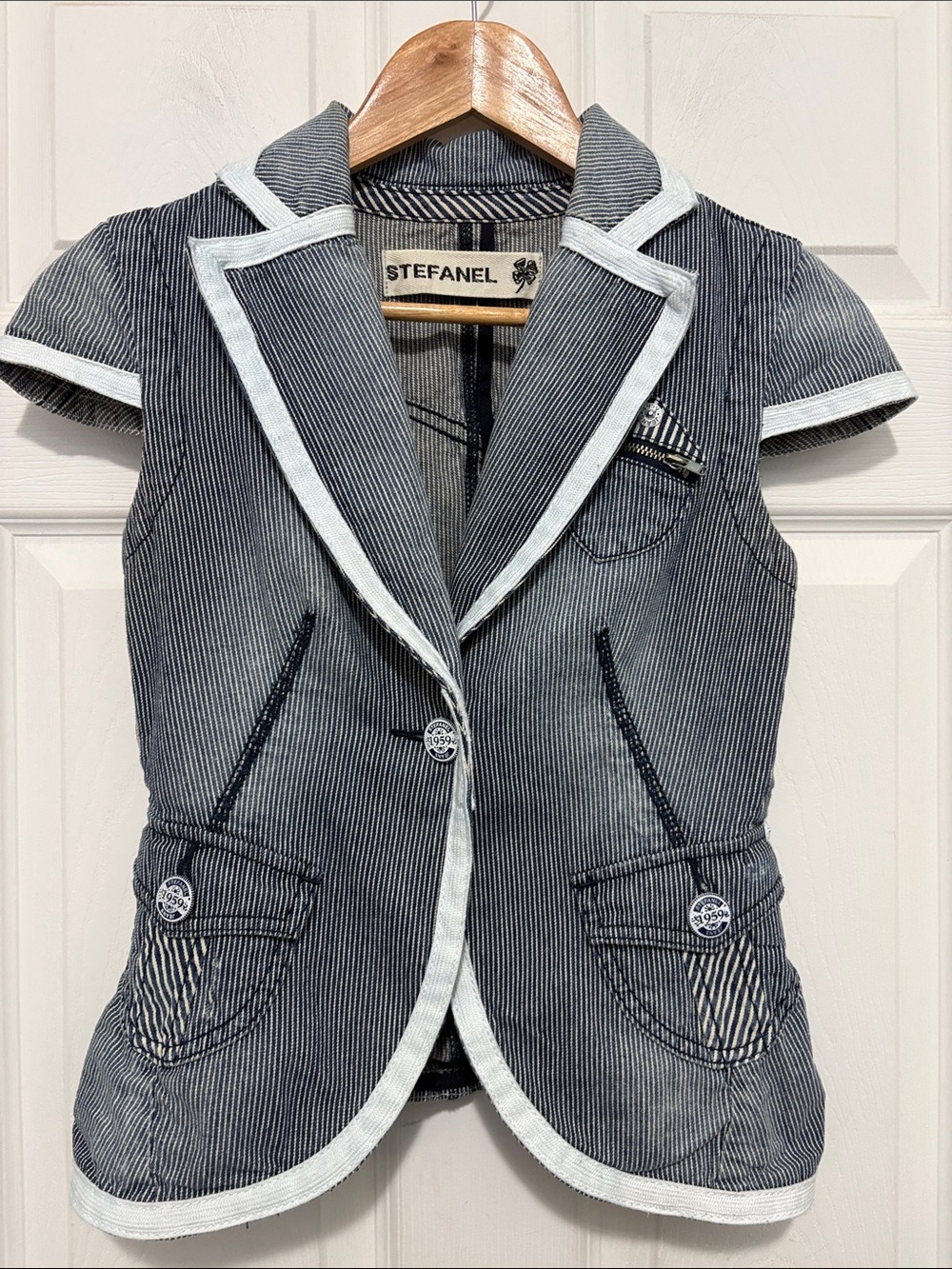 Vintage Stefanel Navy Pinstripe Denim Short-Sleeve Blazer with White Trim